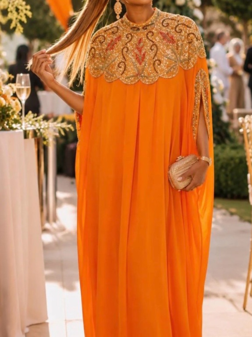 Gold-Embellished Orange Maxi Kaftan Dress